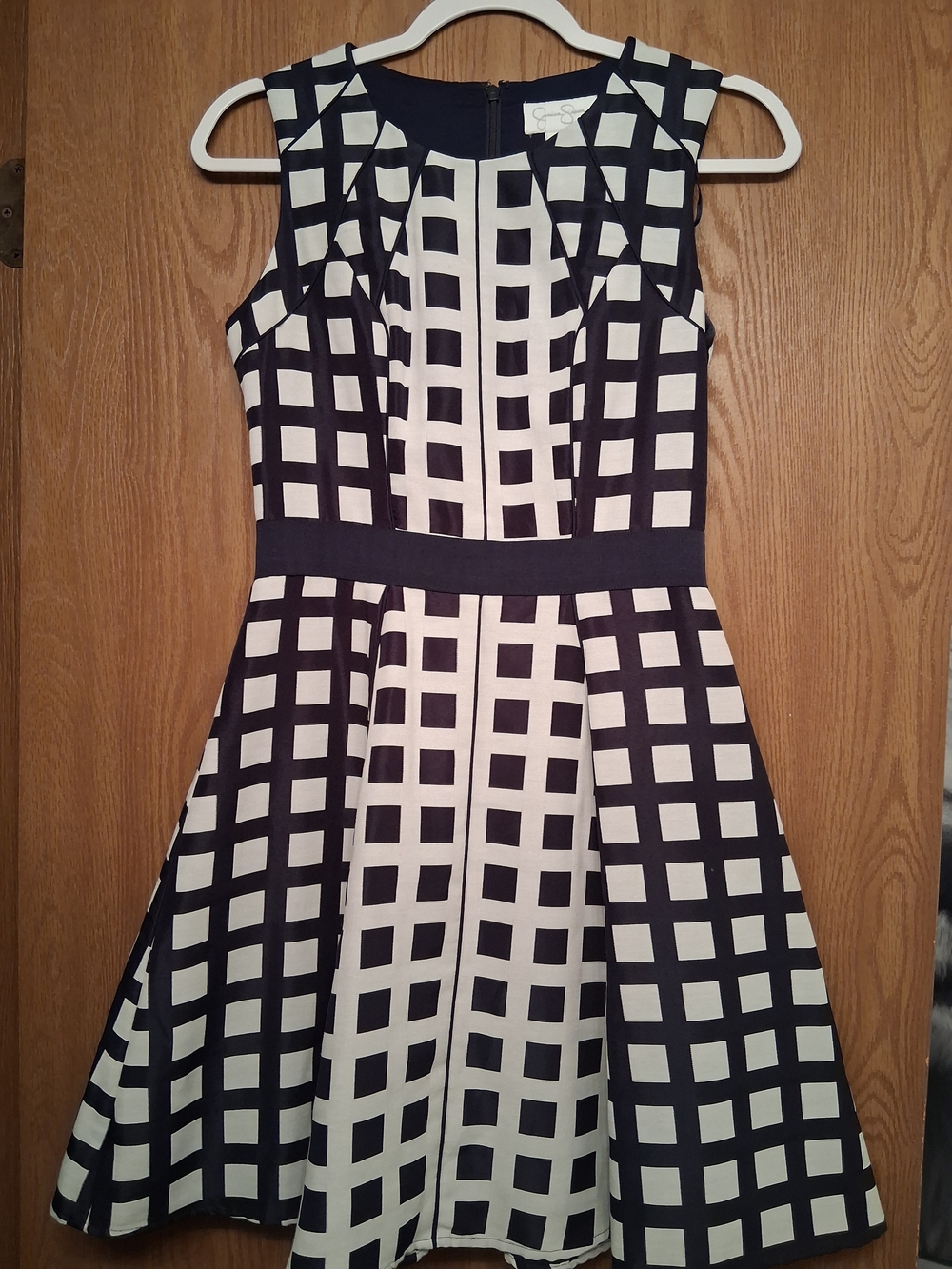 Jessica Simpson Black and White Windowpane Fit-and-Flare Dress
